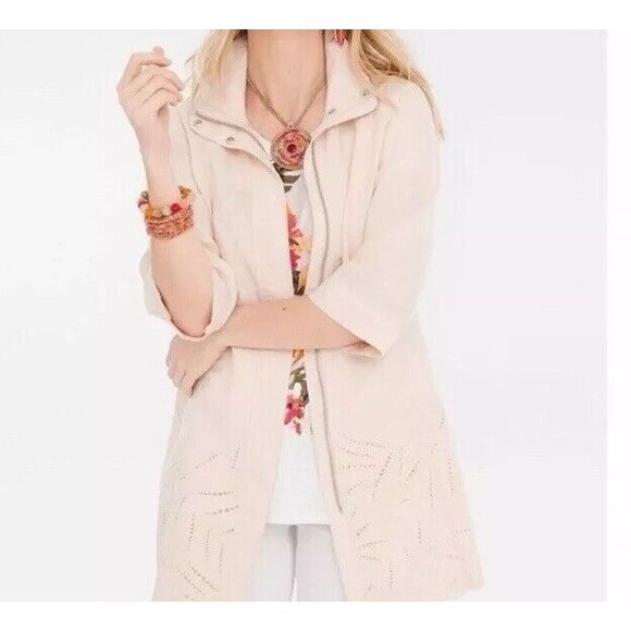 Chicos Linen Zip Up Jacket M Pink Eyelet 3/4 Sleeve Tunic Pockets Lagenlook‎ - Picture 1 of 16